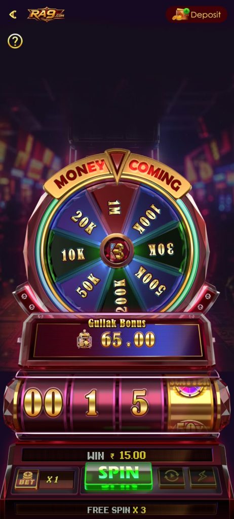 RA9 Game Money Coming wheel with bonus display, spin button, and free spins