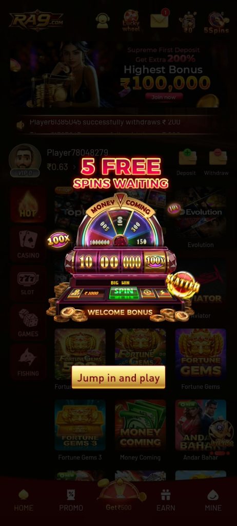 RA9 Game mobile interface showing free spins, casino games, and gaming features
